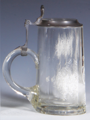 Glass stein, .5L, blown, faceted, hand-painted, bicycle rider, glass inlaid lid, small flake on base. - 3