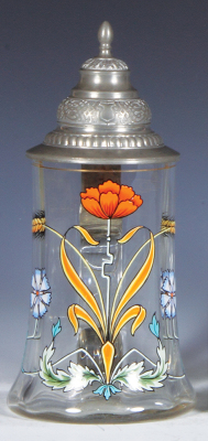 Glass stein, .5L, blown, clear, ribbed body, hand-painted, Art Nouveau, pewter lid, mint.