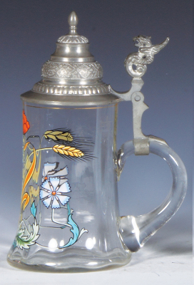 Glass stein, .5L, blown, clear, ribbed body, hand-painted, Art Nouveau, pewter lid, mint. - 2