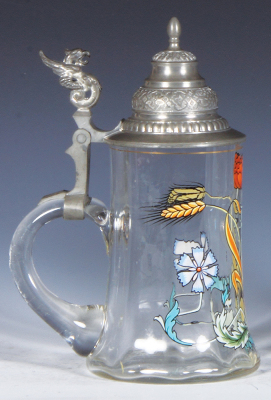 Glass stein, .5L, blown, clear, ribbed body, hand-painted, Art Nouveau, pewter lid, mint. - 3