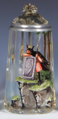 Glass stein, .5L, blown, faceted, hand-painted, warrior, glass inlaid lid, flake on inside rim of lid, otherwise mint.
