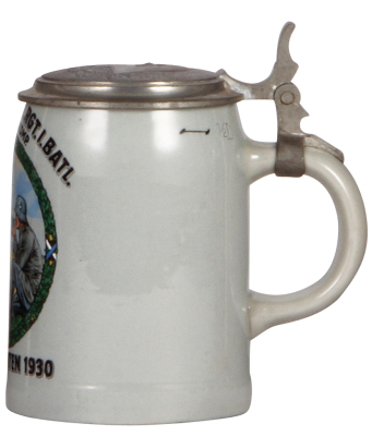 Military stein, .5L, stoneware, Mettlach 1526 body, 4. Masch. Gew. Komp., 19. bayr. Inft. Regt., 1. Batl., 1930, center scene with Maxim Machine Gun 08 on sled, pewter lid with relief helmet, mint. From the collection of Robert Segel, author of: The Handb - 2