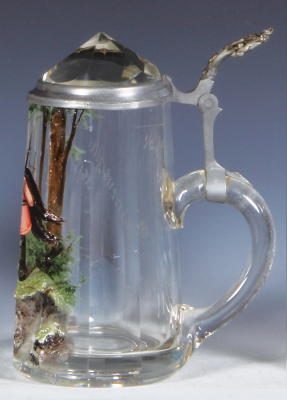 Glass stein, .5L, blown, faceted, hand-painted, warrior, glass inlaid lid, flake on inside rim of lid, otherwise mint. - 2