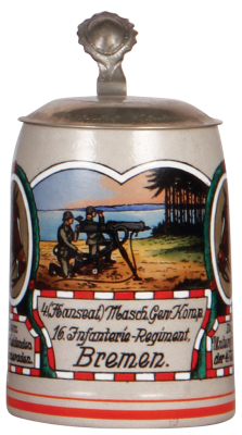 Military stein, .5L, stoneware, 4. Masch. Gew. Komp., 16. Inft. Regt., Bremen, 1931, center scene with Maxim Machine Gun 08 crew at seashore, metal lid with inscription: Feldwebel Schubert, 5.3.1919 - 28.3.1931, mint. From the collection of Robert Segel, 