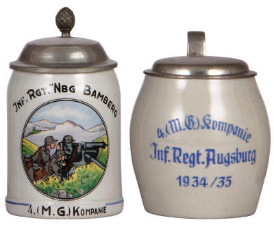 Two Third Reich steins, .5L, stoneware, 4. [M.G.] Kompanie, Bamberg, center scene of Maxim MG 08 on sled mount, pewter lid, mint; with, 4. [M.G.] Kompanie, Inft. Regt., Augsburg, 1934 -1935, pewter lid, mint. From the collection of Robert Segel, author of