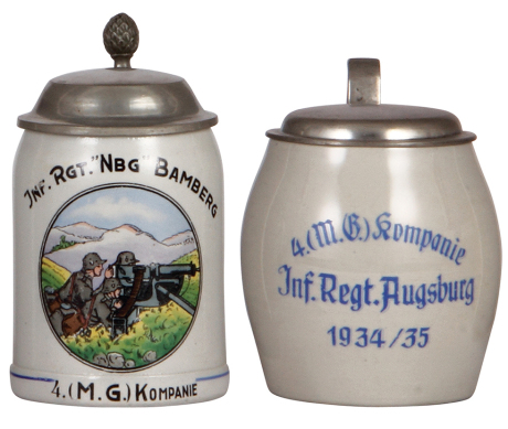 Two Third Reich steins, .5L, stoneware, 4. [M.G.] Kompanie, Bamberg, center scene of Maxim MG 08 on sled mount, pewter lid, mint; with, 4. [M.G.] Kompanie, Inft. Regt., Augsburg, 1934 -1935, pewter lid, mint. From the collection of Robert Segel, author of