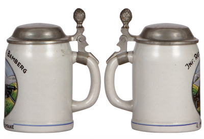 Two Third Reich steins, .5L, stoneware, 4. [M.G.] Kompanie, Bamberg, center scene of Maxim MG 08 on sled mount, pewter lid, mint; with, 4. [M.G.] Kompanie, Inft. Regt., Augsburg, 1934 -1935, pewter lid, mint. From the collection of Robert Segel, author of - 2