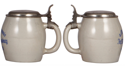 Two Third Reich steins, .5L, stoneware, 4. [M.G.] Kompanie, Bamberg, center scene of Maxim MG 08 on sled mount, pewter lid, mint; with, 4. [M.G.] Kompanie, Inft. Regt., Augsburg, 1934 -1935, pewter lid, mint. From the collection of Robert Segel, author of - 3