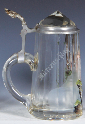 Glass stein, .5L, blown, faceted, hand-painted, warrior, glass inlaid lid, flake on inside rim of lid, otherwise mint. - 3