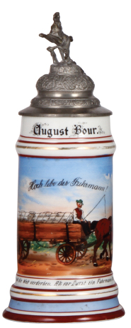 Porcelain stein, .5L, transfer & hand-painted, Occupational Fuhrmann [Wagon Driver], carrying uniform white packages, pewter lid, slight wear to upper gold band, otherwise mint. From the Etheridge Collection. 