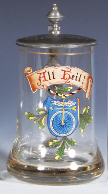 Glass stein, .5L, blown, hand-painted, bicycle, pewter lid, mint.