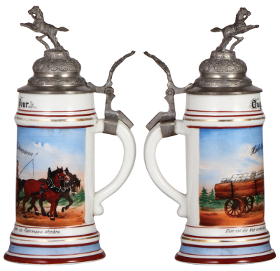 Porcelain stein, .5L, transfer & hand-painted, Occupational Fuhrmann [Wagon Driver], carrying uniform white packages, pewter lid, slight wear to upper gold band, otherwise mint. From the Etheridge Collection.  - 2