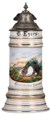 Porcelain stein, .5L, transfer & hand-painted, Occupational Kaninchenzüchter [Rabbit Breeder], Holländisches Kaninchen, rare, pewter lid, mint. From the Etheridge Collection & pictured in the Occupational Stein Book.