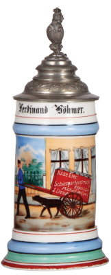 Porcelain stein, .5L, transfer & hand-painted, Occupational Milchverkäufer [Dairy Salesman], rare, pewter lid, lithophane lines. From the Etheridge Collection & pictured in the Occupational Stein Book.