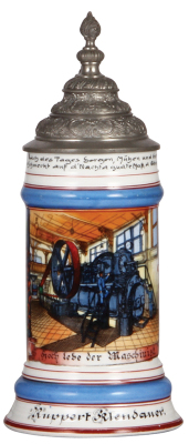 Porcelain stein, .5L, transfer & hand-painted, Occupational Maschinist [Maschinist], rare, pewter lid, mint. From the Etheridge Collection.