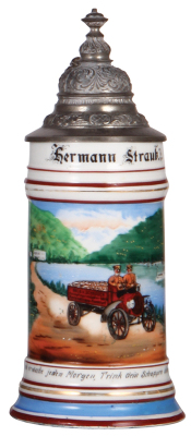 Porcelain stein, .5L, transfer & hand-painted, Occupational Fahrer [Motorized Truck Driver], Belk u. Schröder, Dampfmarmeladen Fabrik, Sprendlingen-Frankfurt, rare, pewter lid, lithophane lines, slight color wear on bands, tiny flake. From the Etheridge C