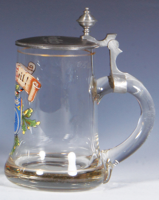 Glass stein, .5L, blown, hand-painted, bicycle, pewter lid, mint. - 2