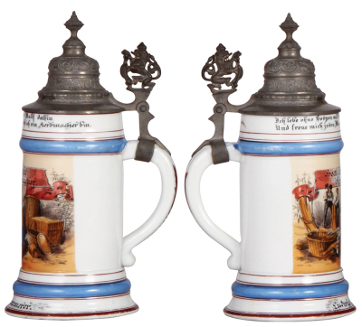 Porcelain stein, .5L, transfer & hand-painted, Occupational Korbmacher [Basket Maker], rare, pewter lid, mint. From the Etheridge Collection & pictured in the Occupational Stein Book. - 2