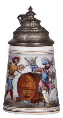 Porcelain stein, .5L, transfer & hand-painted, Landsknecht, pewter lid, colored lithophane, two men, mint.