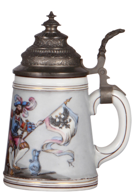 Porcelain stein, .5L, transfer & hand-painted, Landsknecht, pewter lid, colored lithophane, two men, mint. - 2