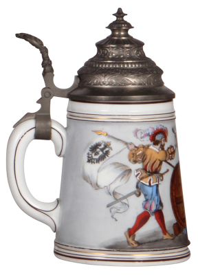 Porcelain stein, .5L, transfer & hand-painted, Landsknecht, pewter lid, colored lithophane, two men, mint. - 3