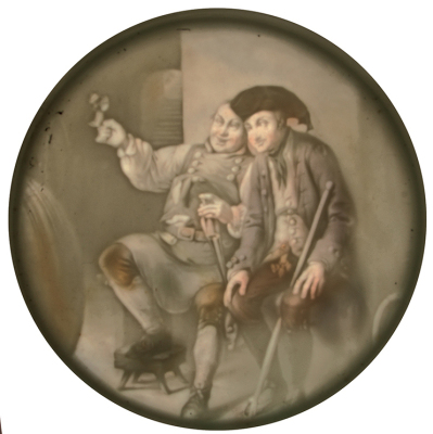 Porcelain stein, .5L, transfer & hand-painted, Landsknecht, pewter lid, colored lithophane, two men, mint. - 4