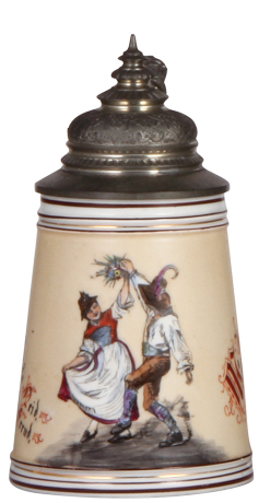 Porcelain stein, .5L, transfer & hand-painted, couple dancing, pewter lid, colored lithophane: woman & monk, mint.