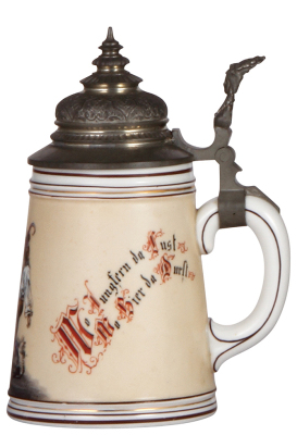 Porcelain stein, .5L, transfer & hand-painted, couple dancing, pewter lid, colored lithophane: woman & monk, mint. - 2