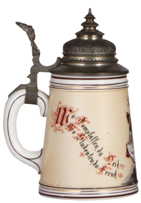 Porcelain stein, .5L, transfer & hand-painted, couple dancing, pewter lid, colored lithophane: woman & monk, mint. - 3