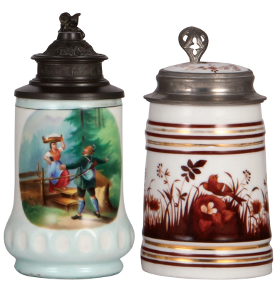 Two porcelain steins, .5L, transfer & hand-painted, capacity line inside body, hunter, lithophane, pewter lid; with, hand-painted, bird & nest, inlaid lid, mint.
