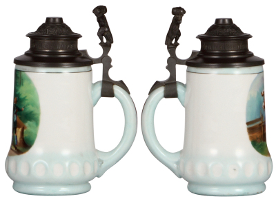 Two porcelain steins, .5L, transfer & hand-painted, capacity line inside body, hunter, lithophane, pewter lid; with, hand-painted, bird & nest, inlaid lid, mint. - 2