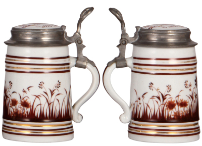 Two porcelain steins, .5L, transfer & hand-painted, capacity line inside body, hunter, lithophane, pewter lid; with, hand-painted, bird & nest, inlaid lid, mint. - 3