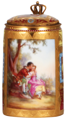Porcelain stein, .25L, hand-painted, marked with Beehive, Royal Vienna type, porcelain inlaid lid with scene outside, mint.