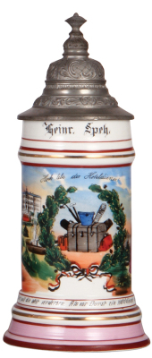 Porcelain stein, .5L, transfer & hand-painted, Occupational Hotel Diener [Hotel Servant], rare, pewter lid, mint. From the Etheridge Collection. 
