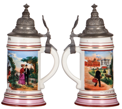 Porcelain stein, .5L, transfer & hand-painted, Occupational Hotel Diener [Hotel Servant], rare, pewter lid, mint. From the Etheridge Collection.  - 2