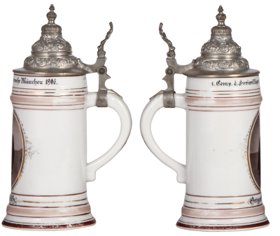 Porcelain stein, .5L, transfer & hand-painted, Occupational Feuerwehrmann [Fireman], 1. Comp. d. Freiwilligen Feuerwehr München 1906, rare, pewter lid, lithophane lines, some color wear on bands in rear. From the Etheridge Collection & pictured in the Occ - 2