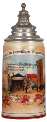 Stoneware stein, 1.0L, transfer & hand-painted, Occupational Feuerwehrmann [Fireman], 1. Comp. d. Freiwilligen Feuerwehr München 1876 - 1901, rare, pewter lid, mint. From the Etheridge Collection & pictured in the Occupational Stein Book.