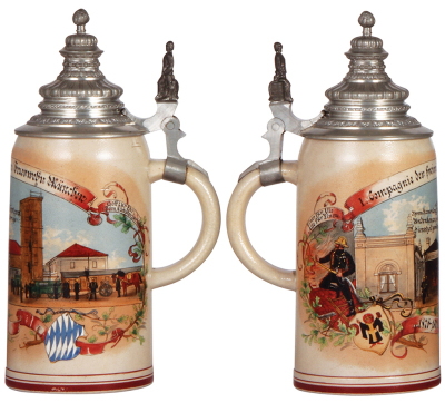 Stoneware stein, 1.0L, transfer & hand-painted, Occupational Feuerwehrmann [Fireman], 1. Comp. d. Freiwilligen Feuerwehr München 1876 - 1901, rare, pewter lid, mint. From the Etheridge Collection & pictured in the Occupational Stein Book. - 2