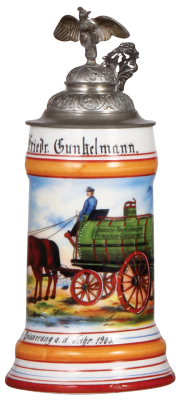 Porcelain stein, .5L, transfer & hand-painted, Occupational Kutscher [Wagon Driver], Deutsch Amerikanische Petroleum Gesellschaft [Petroleum Transporter], rare, pewter lid, mint. From the Etheridge Collection & pictured in the Occupational Stein Book.