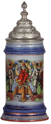 Stoneware stein, .5L, transfer & hand-painted, Occupational Bierbrauerei [Brewer], pewter lid, slight wear on base bands, very good repair of a pewter tear. From the Etheridge Collection. 