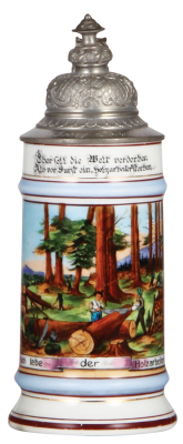 Porcelain stein, .5L, transfer & hand-painted, Occupational Holzarbeiter [Lumberjack], pewter lid, slight wear on rear of red base band. From the Etheridge Collection. 