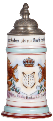 Porcelain stein, .5L, transfer & hand-painted, Occupational Eisendreher [Iron Lathe Operator], rare, pewter lid, lithophane line. From the Etheridge Collection. 