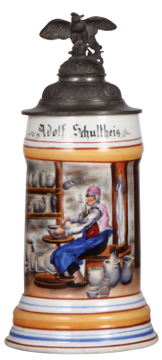 Porcelain stein, .5L, transfer & hand-painted, Occupational Töpfer [Potter], rare, pewter lid, slight word wear. From the Etheridge Collection. 