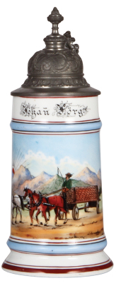 Porcelain stein, .5L, transfer & hand-painted, Occupational Kutscher [Wagon Driver], transporting bricks, pewter lid, mint. From the Etheridge Collection & pictured in the Occupational Stein Book.