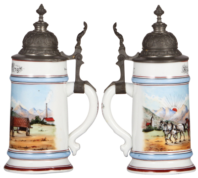 Porcelain stein, .5L, transfer & hand-painted, Occupational Kutscher [Wagon Driver], transporting bricks, pewter lid, mint. From the Etheridge Collection & pictured in the Occupational Stein Book. - 2