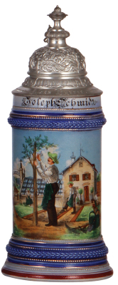 Stoneware stein, .5L, transfer & hand-painted, Occupational Gärtner [Gardner], rare, pewter lid, very slight pewter tear, body mint. From the Etheridge Collection. 