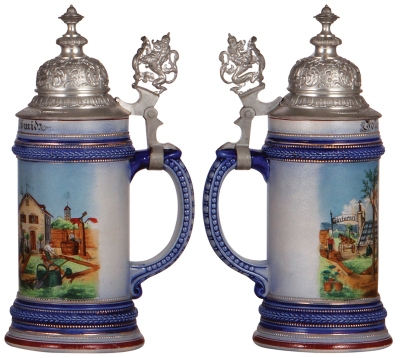 Stoneware stein, .5L, transfer & hand-painted, Occupational Gärtner [Gardner], rare, pewter lid, very slight pewter tear, body mint. From the Etheridge Collection.  - 2