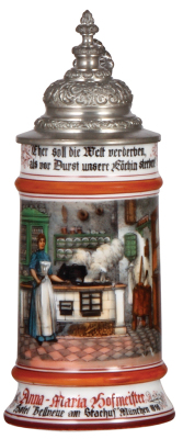 Porcelain stein, .5L, transfer & hand-painted, Occupational Kochkunst [Chef], Hotel Bellveue am Stachus, München 1916, rare, pewter lid, mint. From the Etheridge Collection. 
