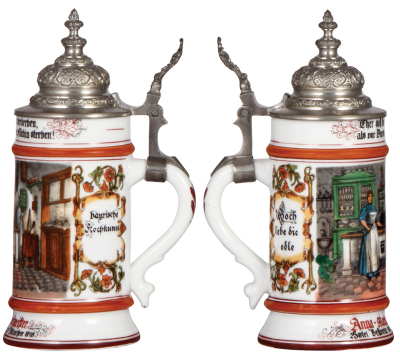 Porcelain stein, .5L, transfer & hand-painted, Occupational Kochkunst [Chef], Hotel Bellveue am Stachus, München 1916, rare, pewter lid, mint. From the Etheridge Collection.  - 2