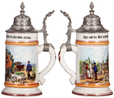 Porcelain stein, .5L, transfer & hand-painted, Occupational Postbote [Post Man], pewter lid, mint. From the Etheridge Collection.  - 2